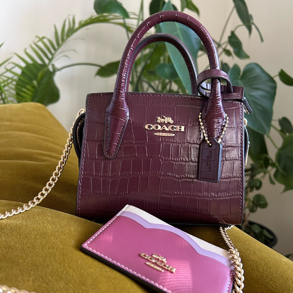 Coach Plum Croc-Embossed Mini Bag with Coach Chain and Card Holder